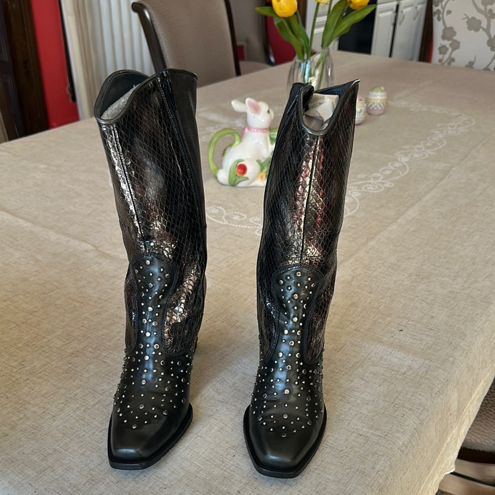 Studded Black Leather Cowboy Boots